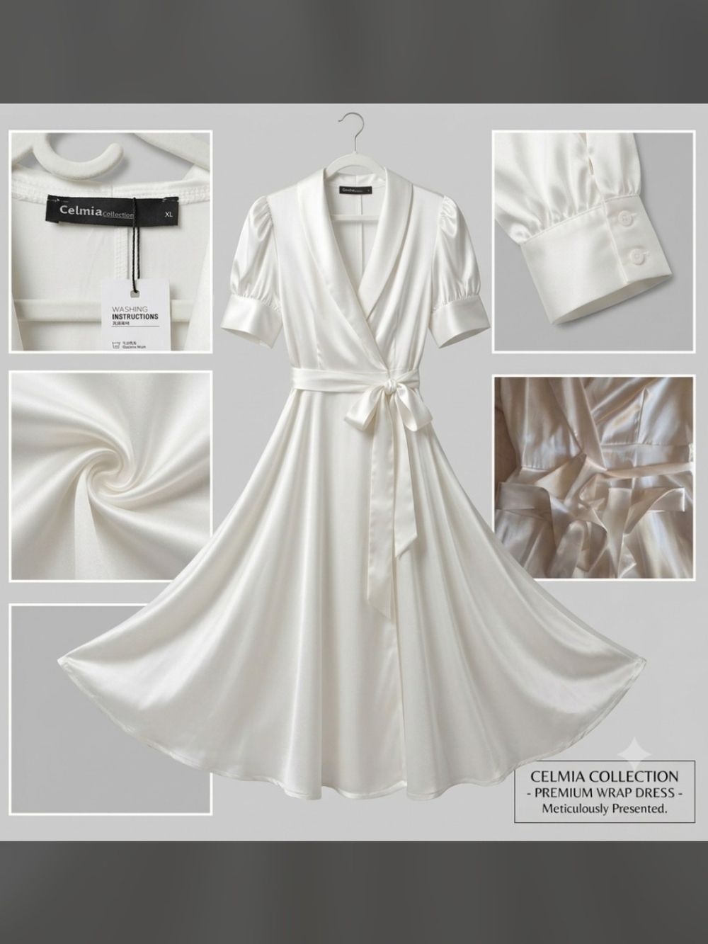 Celmia Luxurious White Satin Wrap Midi Dress - XL - Puff Sleeves & Wide Flare